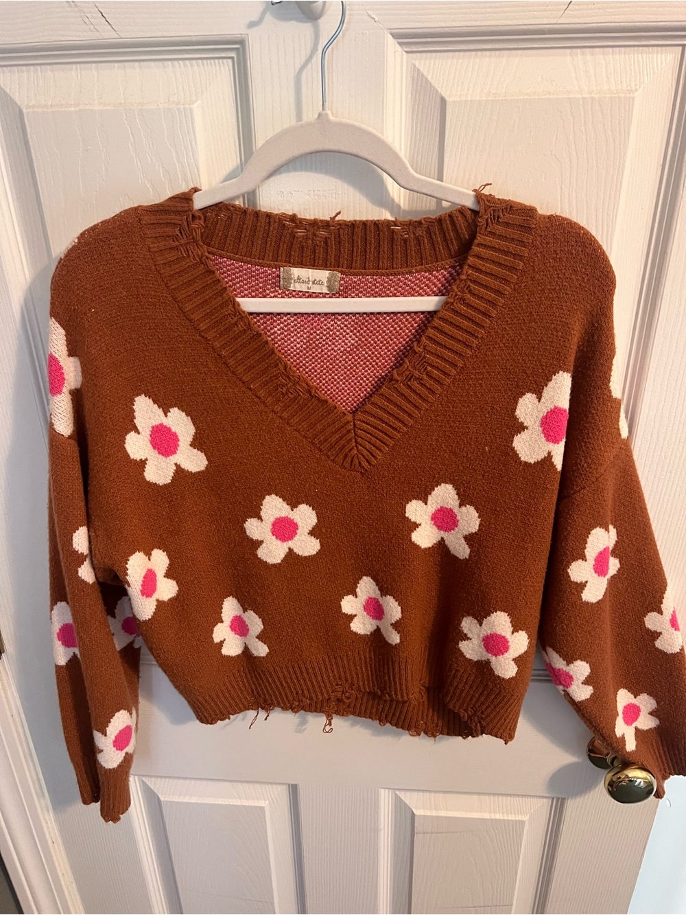 Altar'd State Brown V-Neck Sweater with White and Pink Daisy Pattern